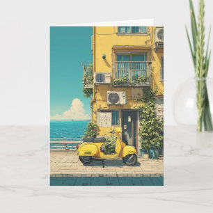 Tarjeta Moto Scooter Amarillo junto al Mar