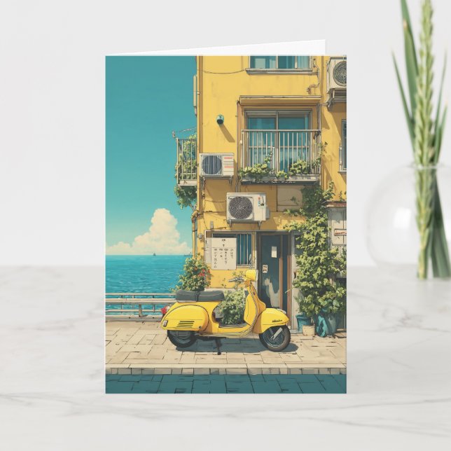Tarjeta Moto Scooter Amarillo junto al Mar (Anverso)