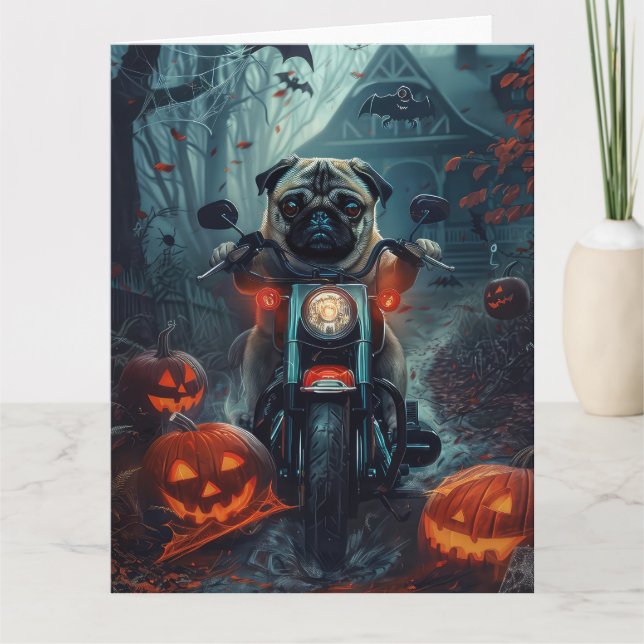 Tarjeta Motocicleta Pug Riding Halloween Scary (Anverso)