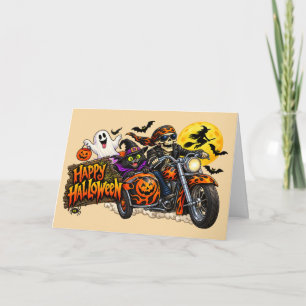 Tarjeta Motociclista Esqueleto Feliz Halloween Espeluznant