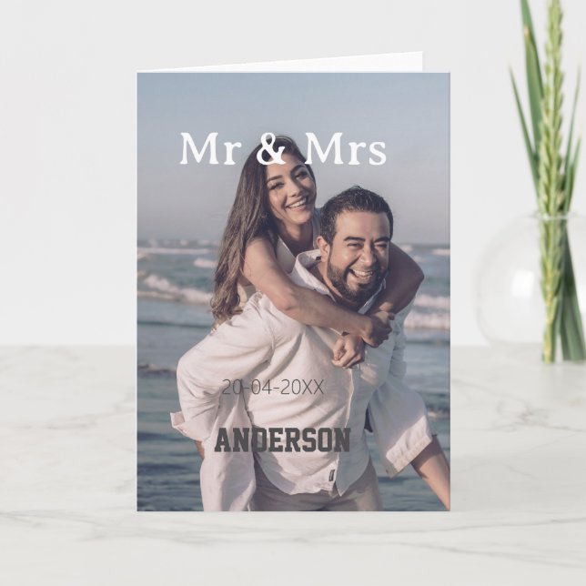 Tarjeta Mr & Mrs add family name photo date wedding family (Anverso)
