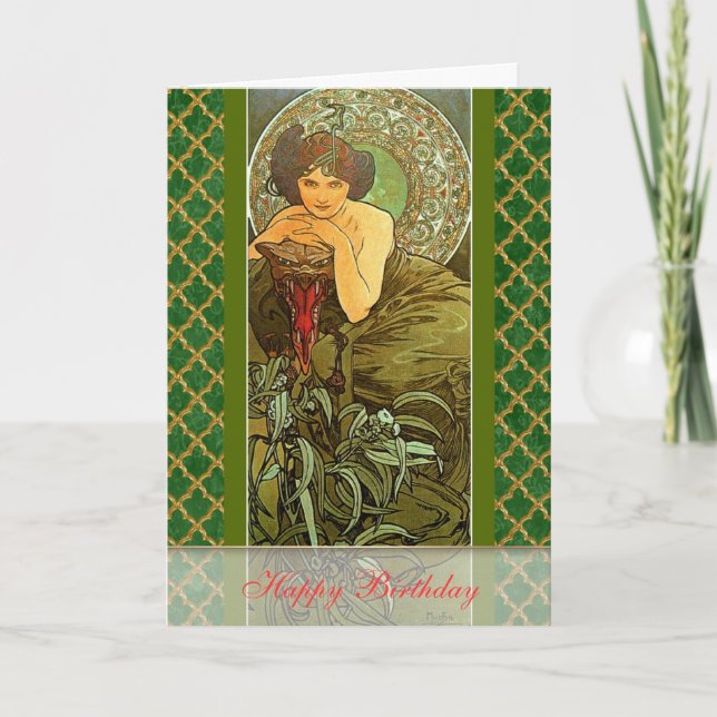 Tarjeta Mucha ~ "Piedras preciosas - Esmeralda" May Birday (Anverso)