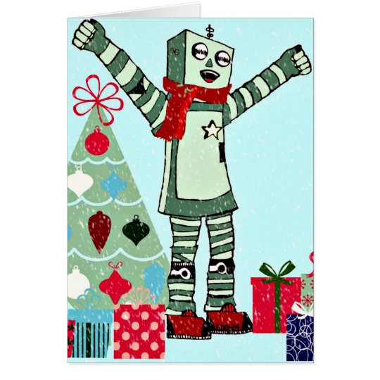 Tarjeta Muchacho, árbol, y regalos en colores pastel del