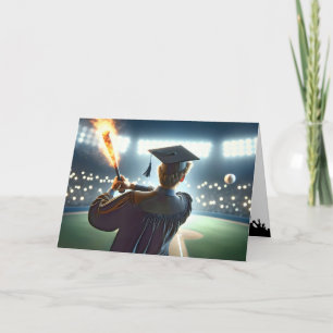 Tarjeta Muchacho graduado balanceando un flamante bote de 