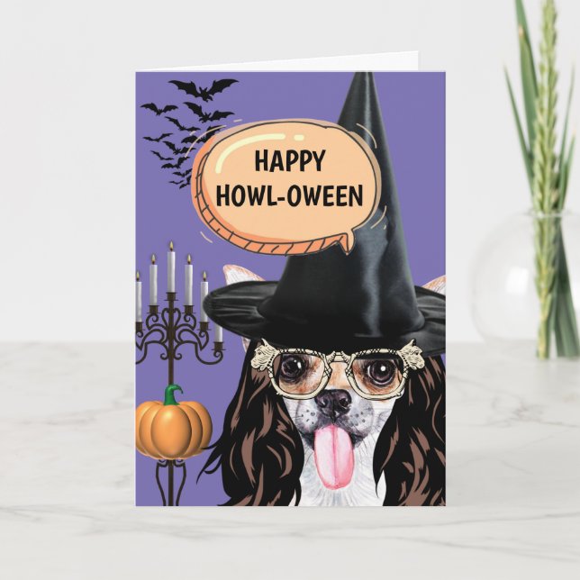 Tarjeta Mueca de perro de Chihuahua en Halloween feliz. (Anverso)