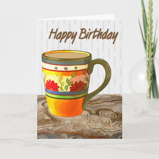 Tarjeta Mug de flores naranjas en mesa de piedra feliz cum (Anverso)