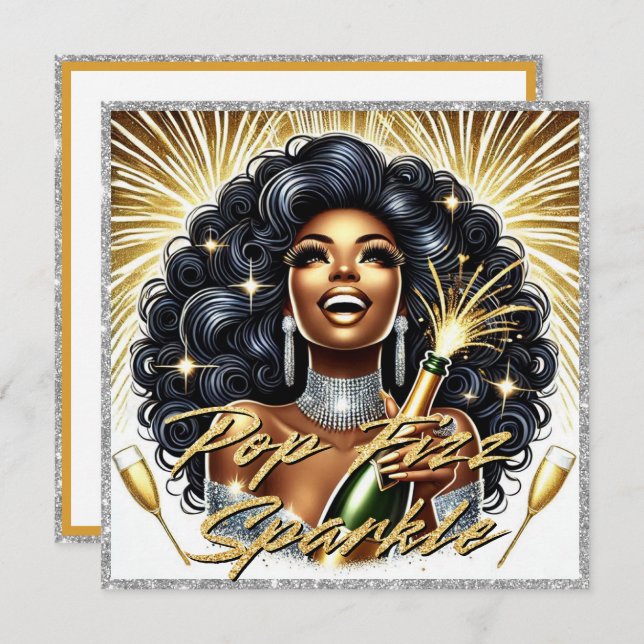 Tarjeta Mujer Afroamericana Glamurosa Feliz Año Nuevo (Anverso / Reverso)