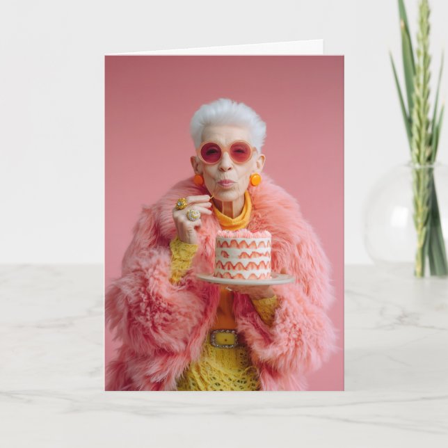 Tarjeta Mujer anciana elegante comiendo pastel con moda ro (Anverso)