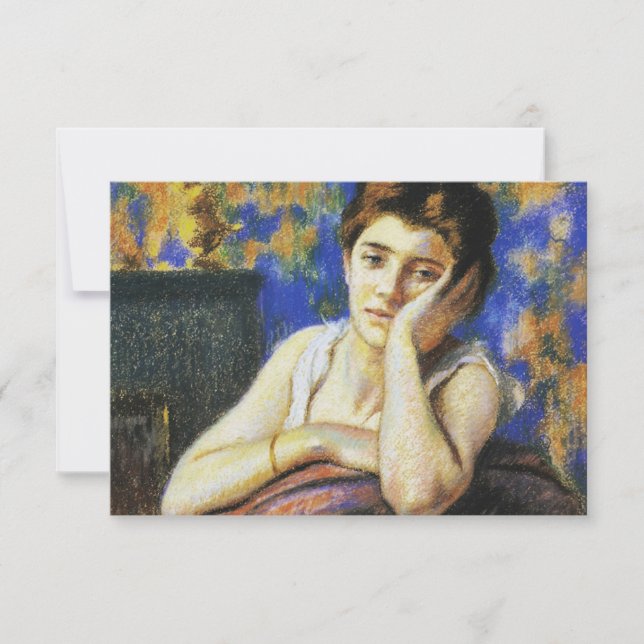 Tarjeta Mujer apoyada en una silla (Anverso)