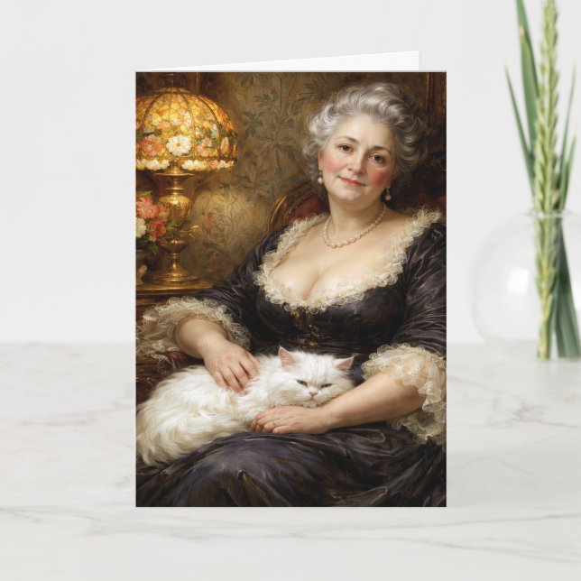 Tarjeta Mujer barroca de cumpleaños posando con gato blanc (Anverso)