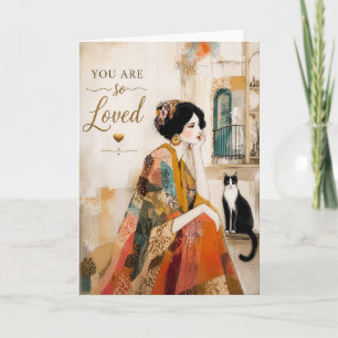 Tarjeta Mujer Boho y tema de amor inspiracional de gato