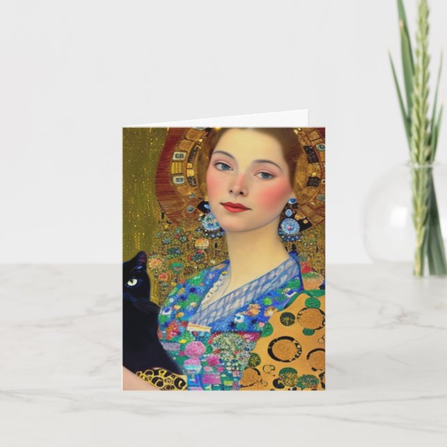 Tarjeta Mujer bonito con gato negro (Anverso)