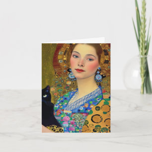 Tarjeta Mujer bonito con gato negro