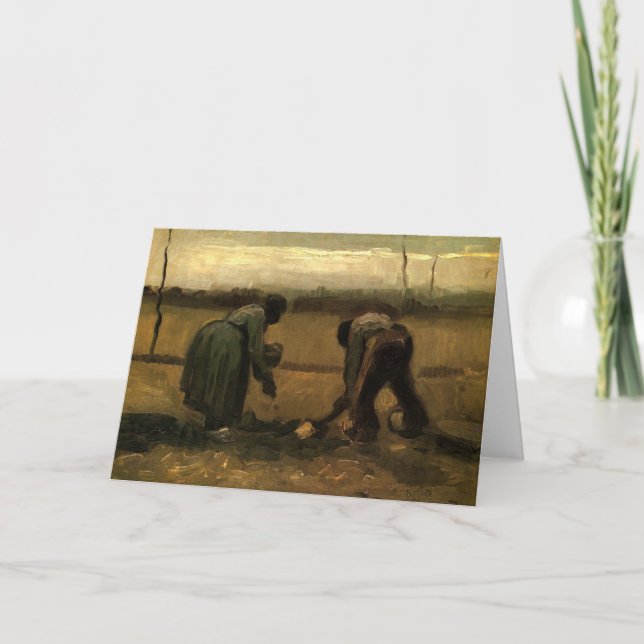 Tarjeta Mujer campesina plantando papa de Vincent van Gogh (Anverso)