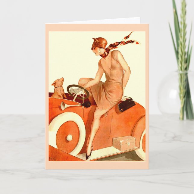 Tarjeta Mujer, coche y perro de los años 20 (Anverso)