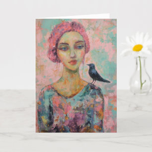 Tarjeta Mujer con pelo rosado y pájaro en su hombro
