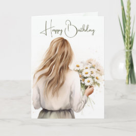Tarjeta Mujer con ramo de margaritas Cumpleaños