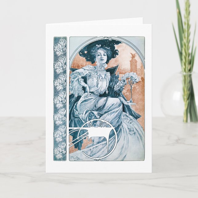 Tarjeta Mujer con Rosa, Mucha (Anverso)