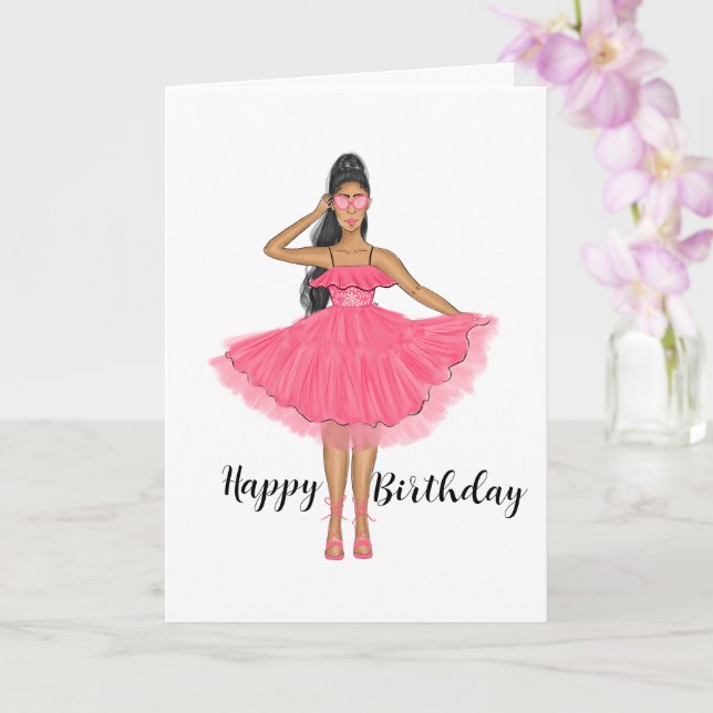Tarjeta Mujer con vestido rosa y gafas de sol Feliz cumple (Orquídea)