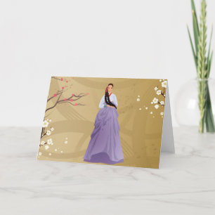 Tarjeta mujer coreana que lleva un hanbok