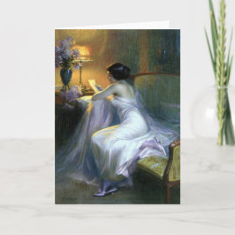 Tarjeta mujer dama leyendo carta arte de pintura antigua