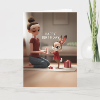 Tarjeta Mujer dando regalo de cumpleaños a un conejo con v