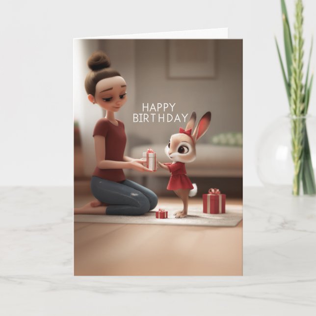 Tarjeta Mujer dando regalo de cumpleaños a un conejo con v (Anverso)