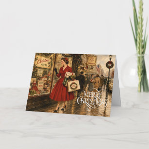 Tarjeta Mujer de 1950 haciendo sus compras navideñas