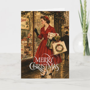 Tarjeta Mujer de 1950 haciendo sus compras navideñas