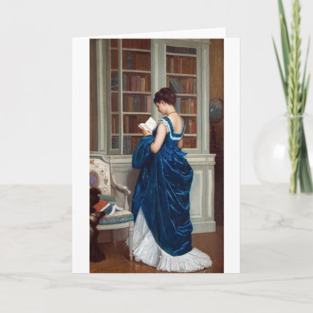 Tarjeta Mujer de azul, leyendo un libro (Anverso)