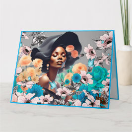 TARJETA MUJER DE BELLEZA NEGRA GRISES FLORES MARIPOSAS