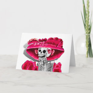 Tarjeta Mujer de Esqueleto Riéndose con Gorro Rojo