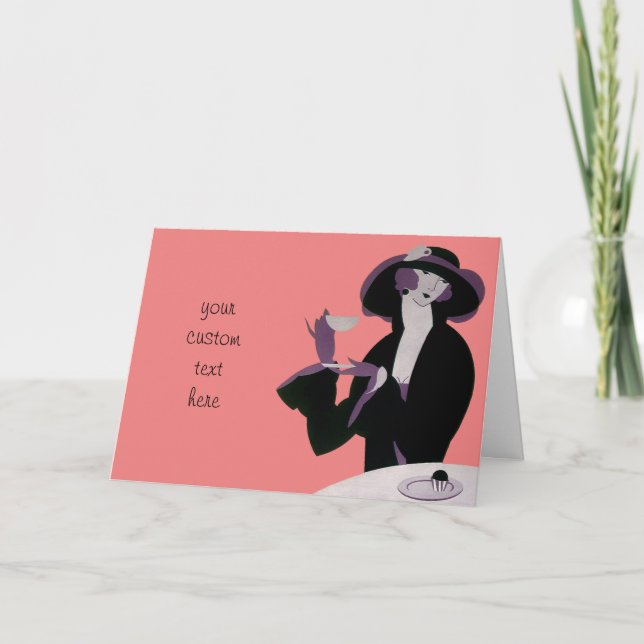 Tarjeta Mujer de estilo Art Déco, té de la tarde y tarta (Anverso)