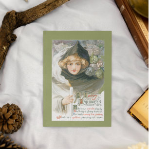 Tarjeta Mujer de Halloween Vintage y Calaveras