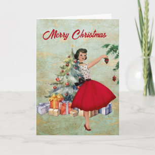 Tarjeta Mujer de Navidad de 1950 con árbol de Navidad