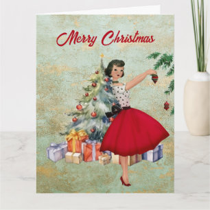 Tarjeta Mujer de Navidad de 1950 con árbol de Navidad