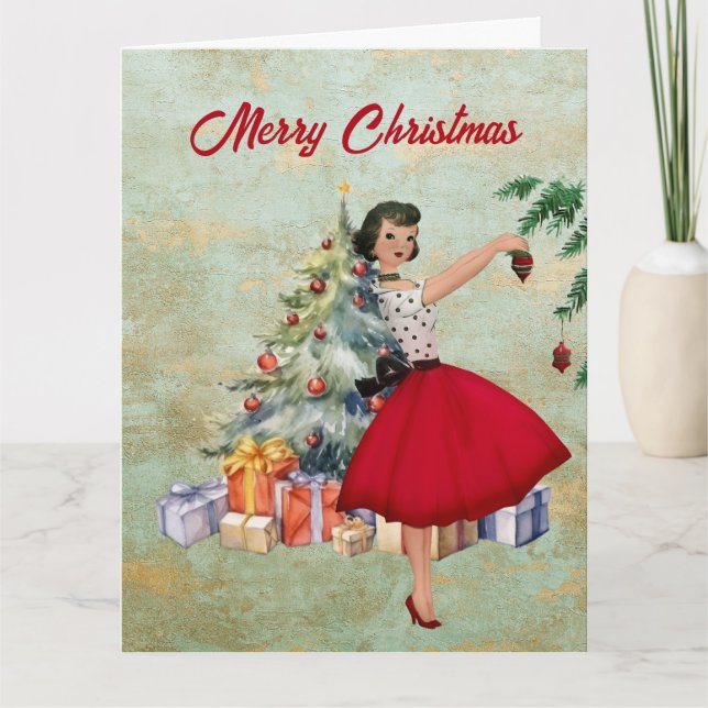 Tarjeta Mujer de Navidad de 1950 con árbol de Navidad (Anverso)