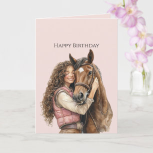 Tarjeta Mujer de pelo castaño abrazando a un caballo Cumpl