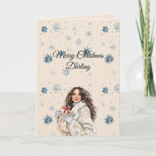 Tarjeta Mujer de pelo castaño con copos de nieve azules ch