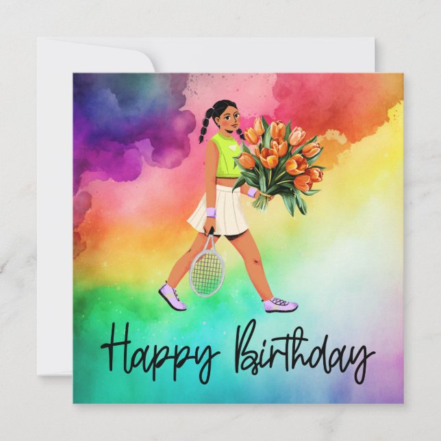 Tarjeta Mujer de tenis sostiene grupo de flores Cumpleaños (Anverso)