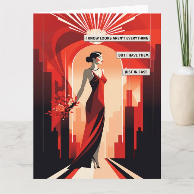 Tarjeta Mujer de vestir rojo Art Deco (Anverso)