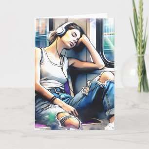 Tarjeta Mujer durmiendo en el metro escuchando música