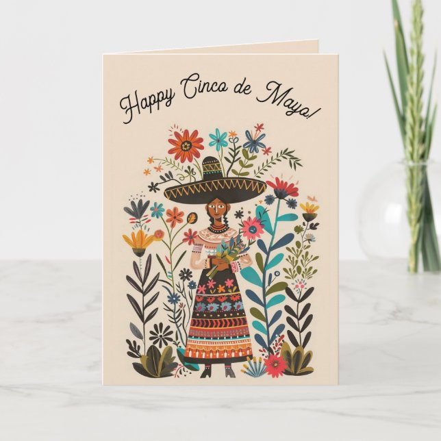 Tarjeta Mujer editable con sombrero y flores Cinco de Mayo (Anverso)
