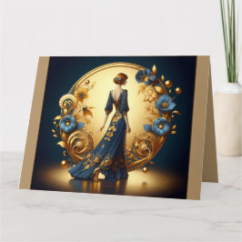 Tarjeta Mujer elegante Art Déco en oro y azul