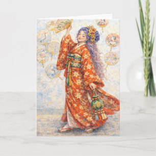 Tarjeta Mujer elegante con kimono y abanico