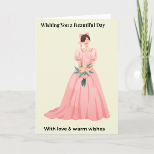 Tarjeta Mujer elegante con vestido rosa sosteniendo flores