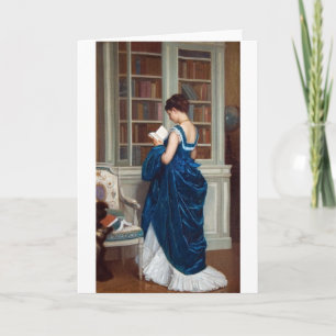 Tarjeta Mujer en azul, leyendo un libro