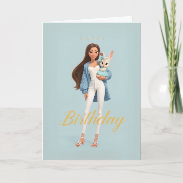 Tarjeta Mujer en azul y blanco con cumpleaños de conejito  (Anverso)