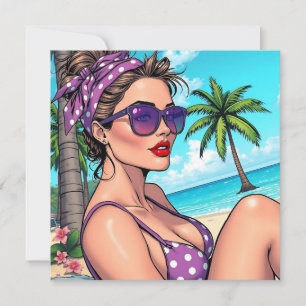 Tarjeta Mujer en el Punto de Polka Púrpura en Bikini en la