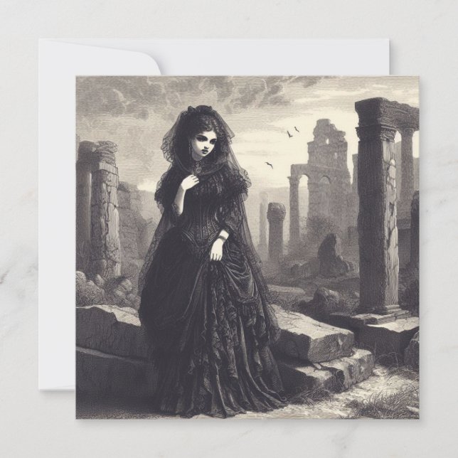 Tarjeta Mujer en negro en ruinas Ilustracion antiguo (Anverso)